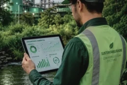 Técnico consulta indicadores ambientais num tablet junto de uma instalação industrial.