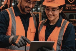 Dois trabalhadores com capacetes, óculos de proteção e coletes refletores consultam um tablet numa fábrica.