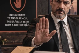 Profissional recusa um envelope junto de um painel sobre integridade e prevenção do suborno ISO 37001.